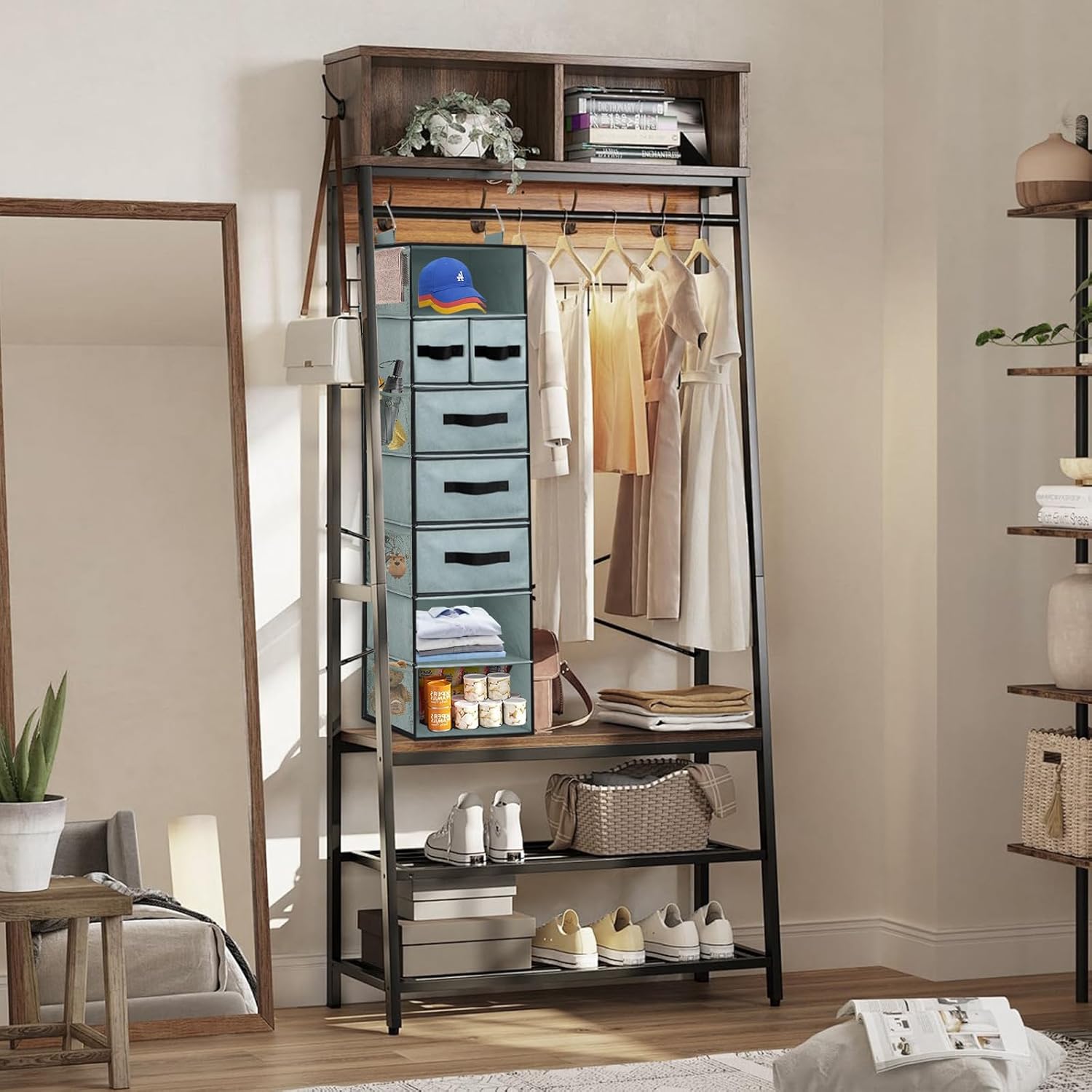 VERONLY Hanging Closet Organizer 7 Shelves, Closet Organization and Storage with 5 Different Drawers, 6 Side Pockets Wardrobe Clothes Organizer for Closet, Grey