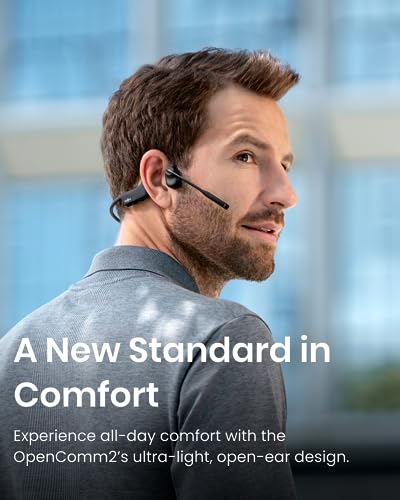 SHOKZ OpenComm2 Open-Ear Bone Conduction Headphones, Wireless Bluetooth Computer Headsets with Noise Canceling Mic and Mute Botton for Work, Call, Meeting, 16 Hours Talk Time for Mobile & PC