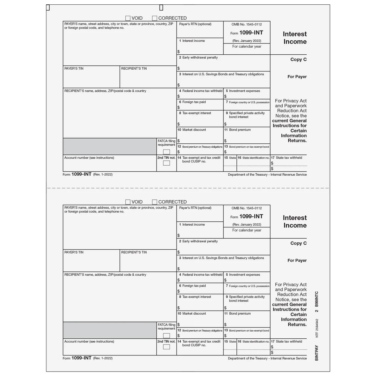 1099-INT, 2-Up, Payer or State Copy C, IRS Approved Tax Forms, 100/Pk