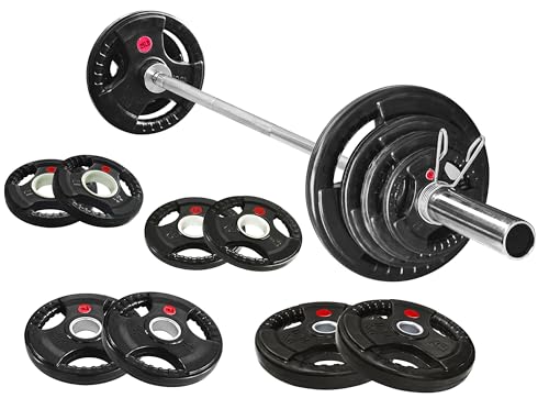 Olympic Cast Iron 2-Inch Weight Plates Including 5FT Olympic Barbell Bar & Safely Locks, 100 Pounds Set (85 lbs Plates + 15 lbs Barbell Bar), Multiple Packages