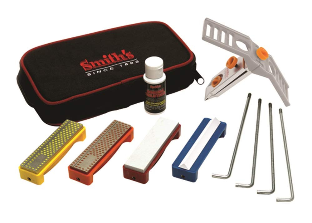 Smith’s 50591 Diamond-Arkansas Precision Knife Sharpening System - Portable Sharpening Kit w/ Pouch - 3 Sharpening Stones - Honing Solution - Serrated & Straight Blades - V-Lock Vise + Angle Guide