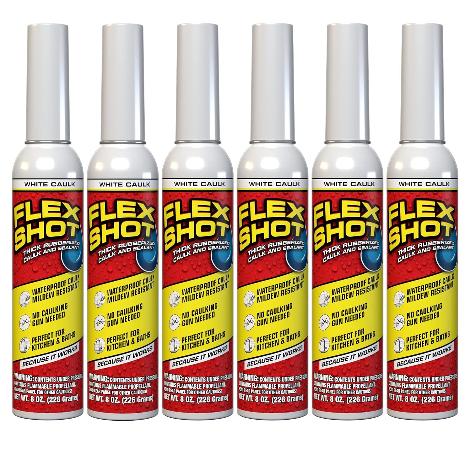 Flex Shot, 8 oz, 6-Pack, White, Flexible Rubber Silicone Sealant, Waterproof Caulk, UV Resistant, No Caulk Gun Needed, Perfect for Kitchen, Bath, Showers, Sinks, Baseboards