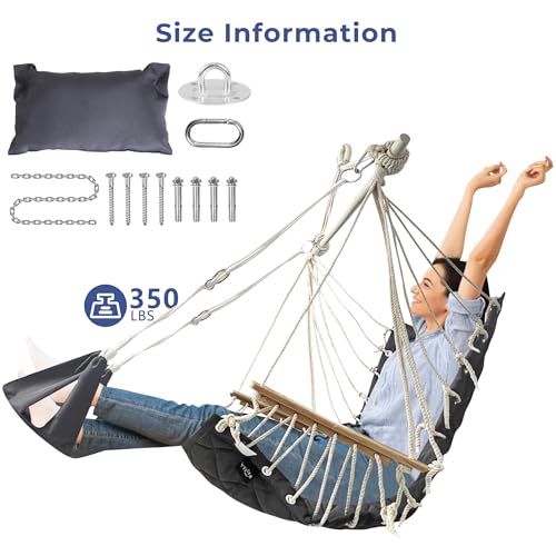 Patio Swing Chair with Adjustable Footrest & Headrest-Quilted Fabric&Steel Spreader Bar, Wooden Armrests for Porch/Garden;350lbs Capacity;Hardware kit Included Dark Grey