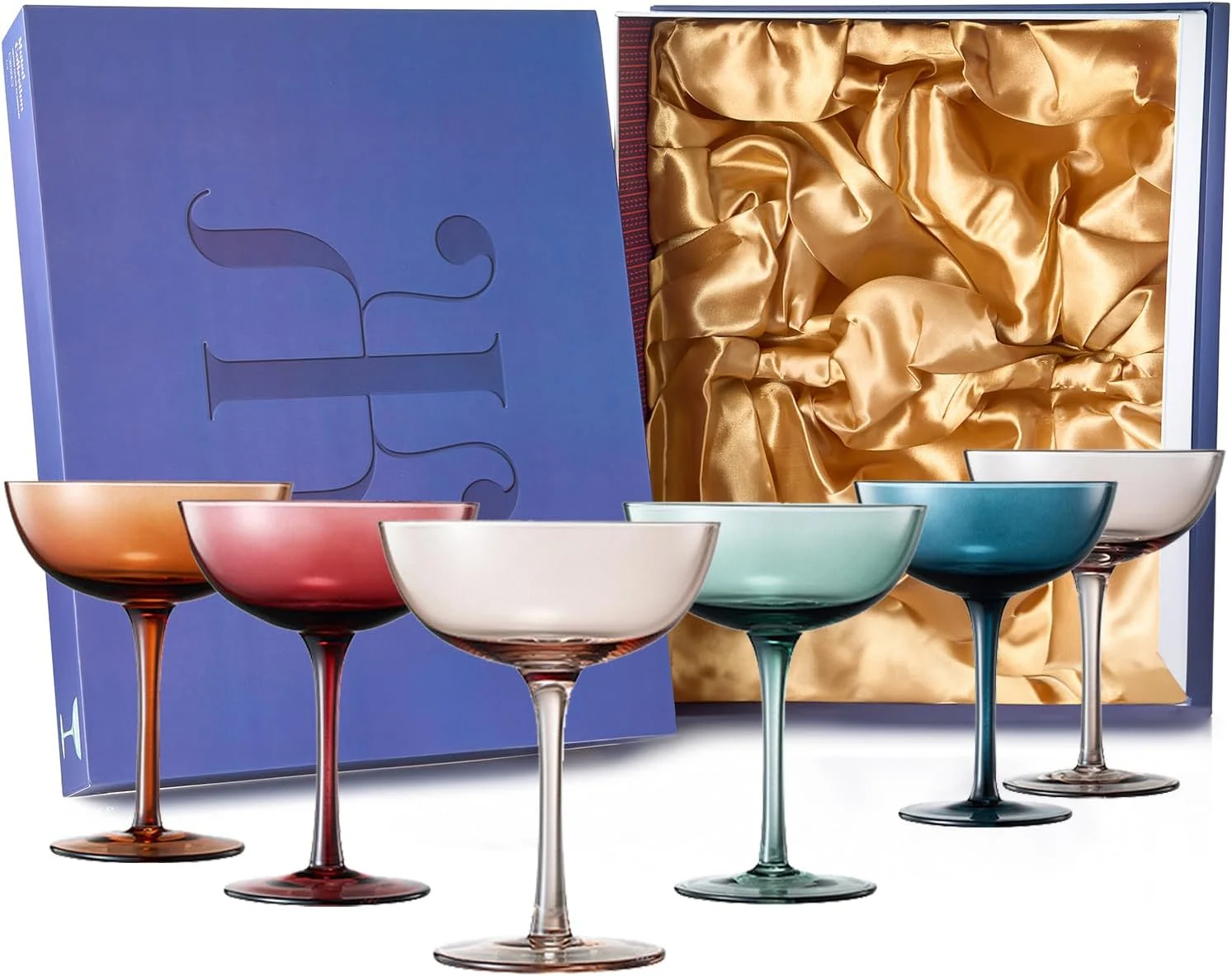 TWS Muted Colored Crystal Coupe Glasses Set - 7 oz, Set of 6, for Cocktails & Champagne, with Luxury Gift Box