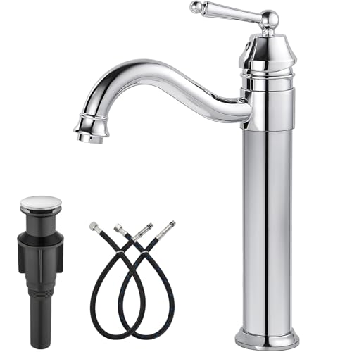 gotonovo Bathroom Vessel Sink Faucet Single Handle Brass Long Reach Bathroom Faucet 1 Hole Deck Mounted Mixer Tap with Pop Up Drain Brushed Nickel