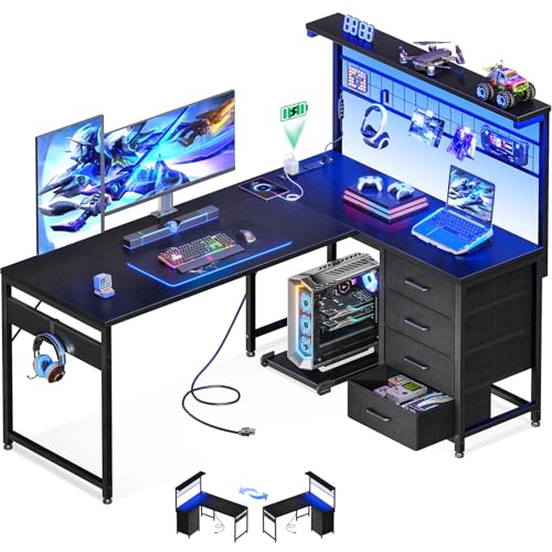 MOTPK L Shaped Gaming Desk with Shelf & 4 Drawers, 43