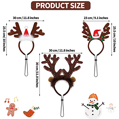 Pedgot 3 Pack Christmas Pet Headwear Xmas Hair Loop Brown Reindeer Antlers Headband Christmas Pet Costume Hair Accessory for Dogs