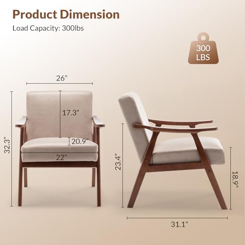 Rovibek Upholstered Accent Chair with Arms - Mid Century Modern Accent Chairs with Wood Frame, Upholstered Arm Chairs with 5.9in Thick Foam, Beige Occasional Chair, Set of 2
