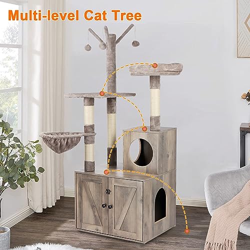 Cat Tree Tower with Litter Box Enclosure, 2-in-1 Wooden Cat Condo with Sisal Scratching Post, Hammock, Brown