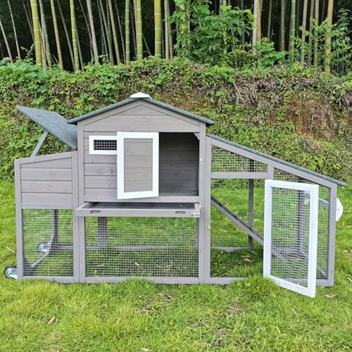 Chicken Coop and Run, Two Story Mobile Rabbit Hutch Indoor Outdoor, Wooden Hen House with Nesting Box Rabbit Cage on Wheels, Ramp, Deep No Leak Pull Out Tray, for Chick, Bunny(Grey)