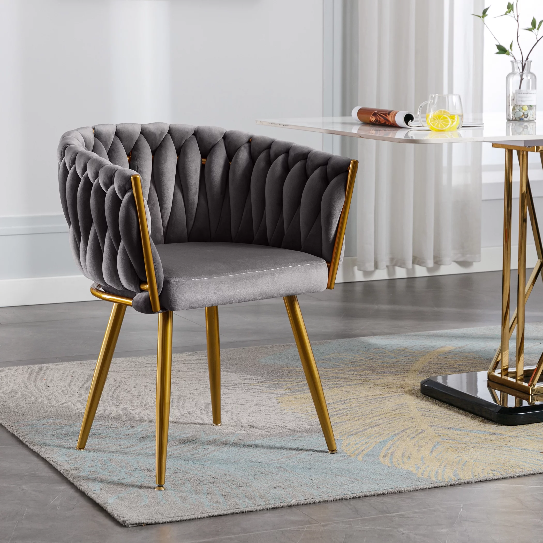 JONPONY Velvet Dining Chairs Set of 2, Modern Woven Upholstered Dining Chairs with Gold Metal Legs,Luxury Tufted Dining Chairs for Living Room, Bedroom, Kitchen,Dark Grey