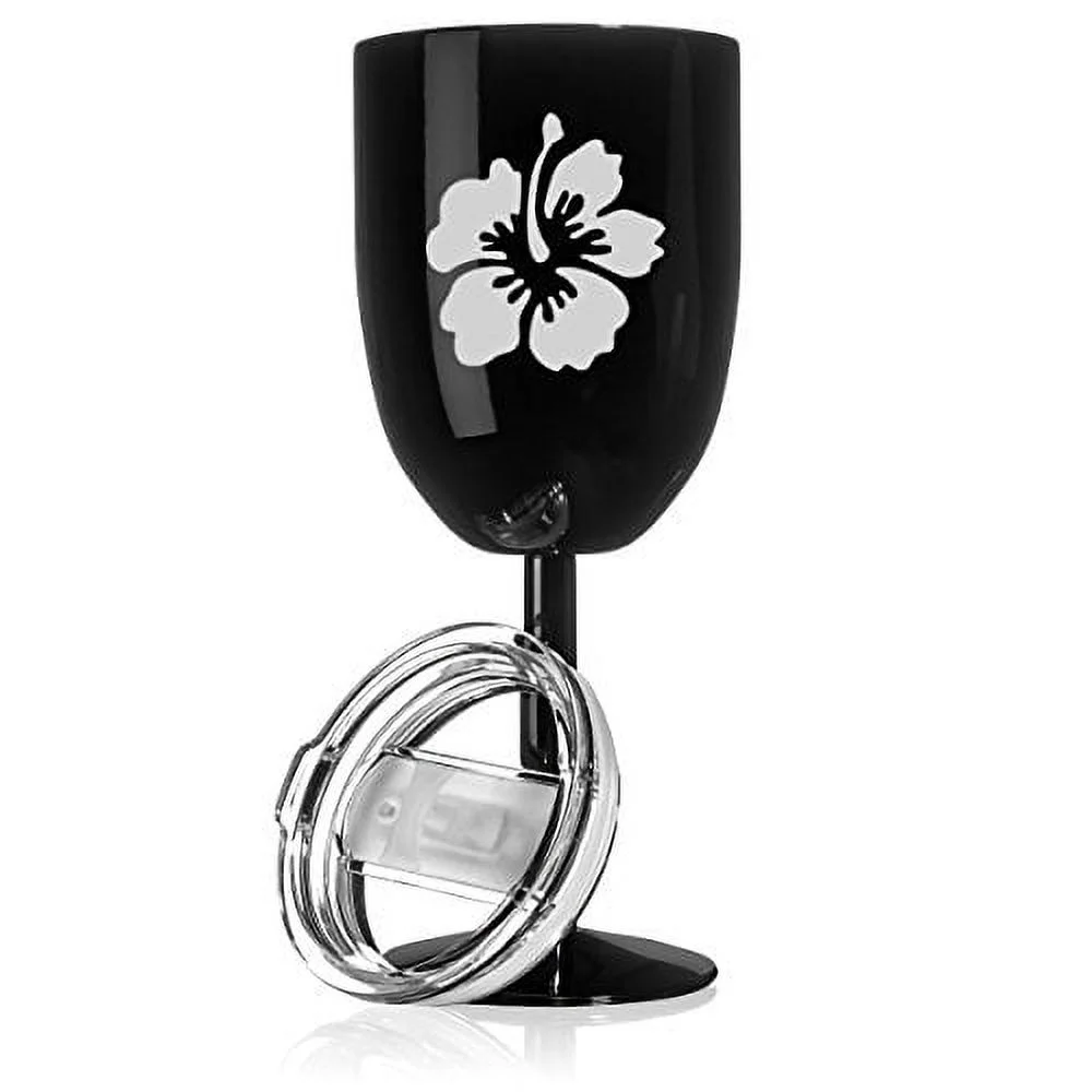 14 oz Double Wall Vacuum Insulated Stainless Steel Wine Tumbler Glass with Lid Hibiscus Flower (Black)