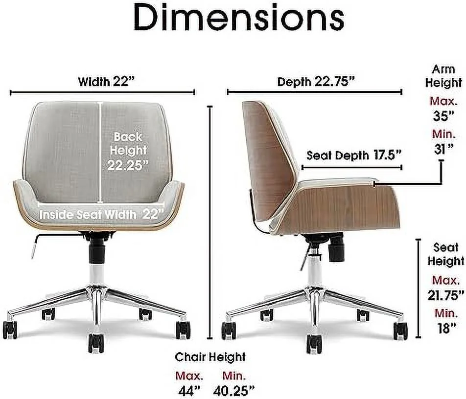 TJUNBOLIFE Ophelia Low-Back Task Modern Bentwood Home Office Armless Desk Chairs in Chrome Finish  Gray