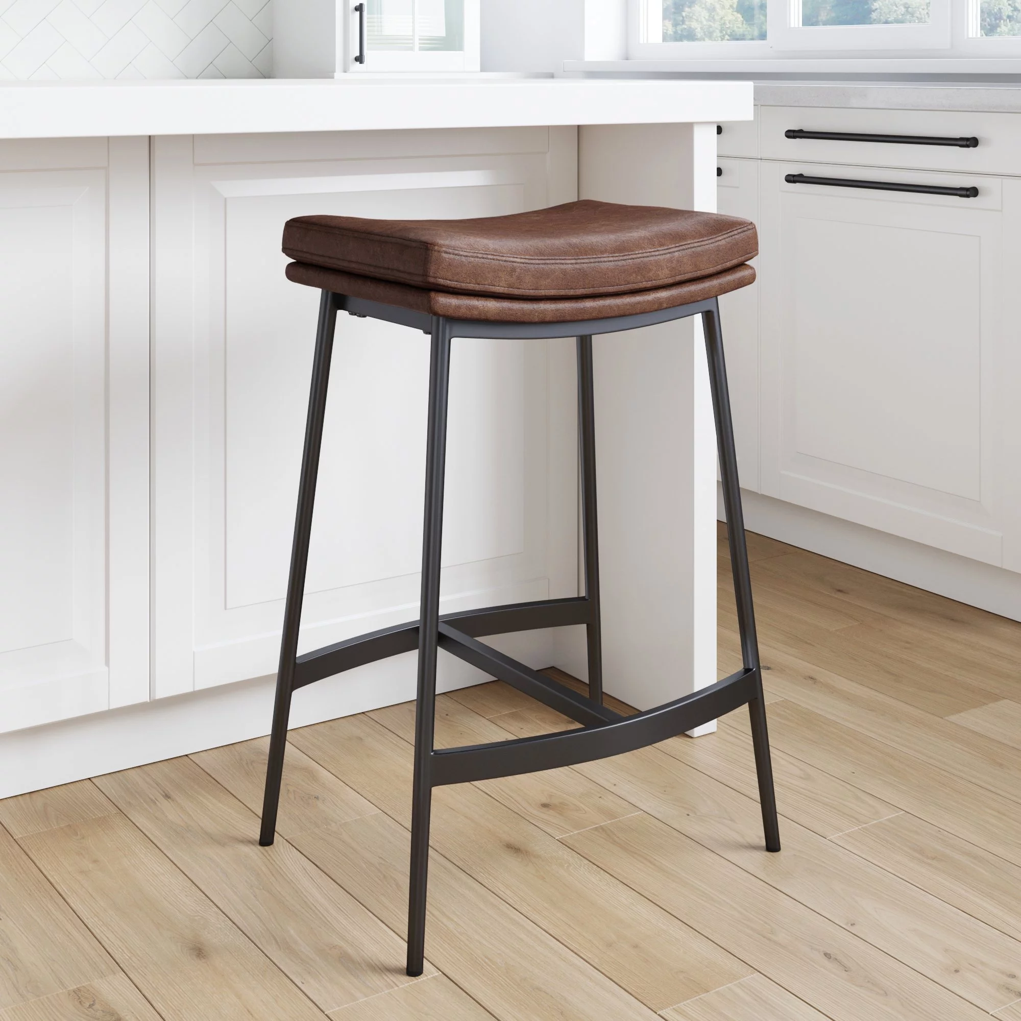 Nathan James Arlo Modern Backless Upholstered Kitchen Counter Bar Stool with Saddle Seat and Metal Base, Brown/ Matte Black
