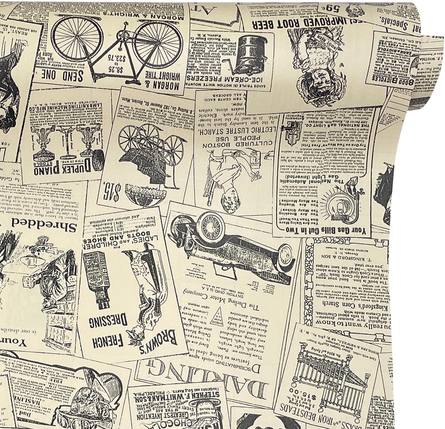 Old Fashion Newspaper Furniture Protective Paper Roll Peel Stick Shelf Drawer Liner Locker Sticker 17.7 Inch by 13 Ft