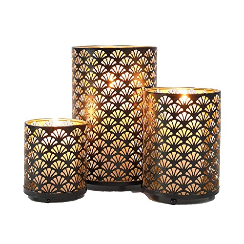 JHY DESIGN Set of 3 Metal Candle Holders Bronze Hurricane Pillar Candleholder Vintage Table Candlestick Holders Great Centerpieces for Home Decor Wedding Parties Events