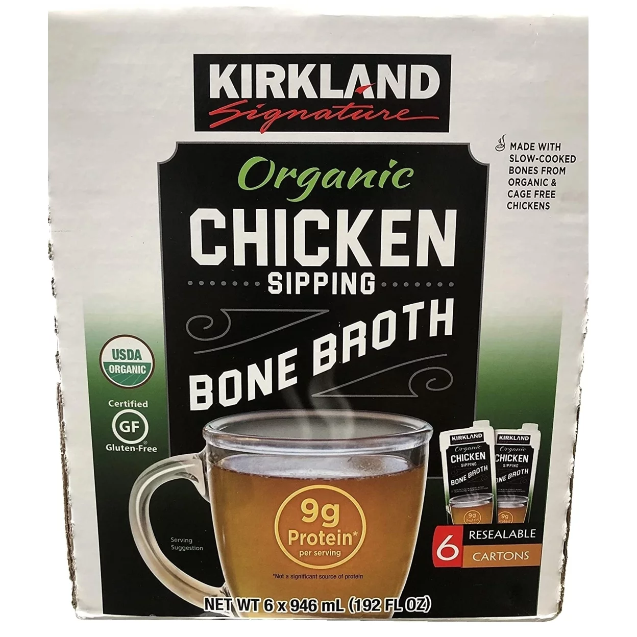 Kirkland Signature Organic Chicken Bone Broth 32 Fluid Ounce (Pack of 6)