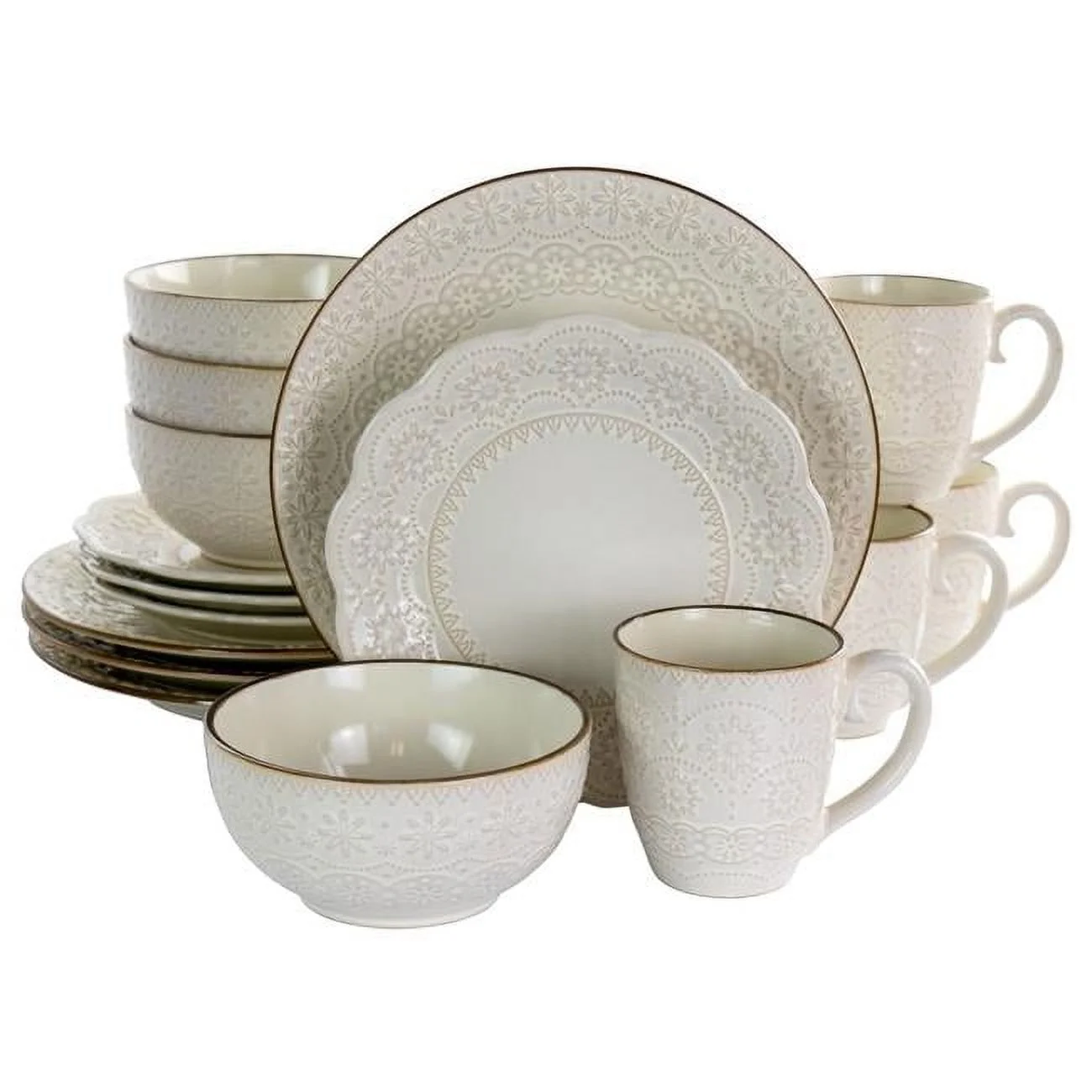 16 Piece Contessa Embossed Scalloped Stoneware Dinnerware Set, Ivory