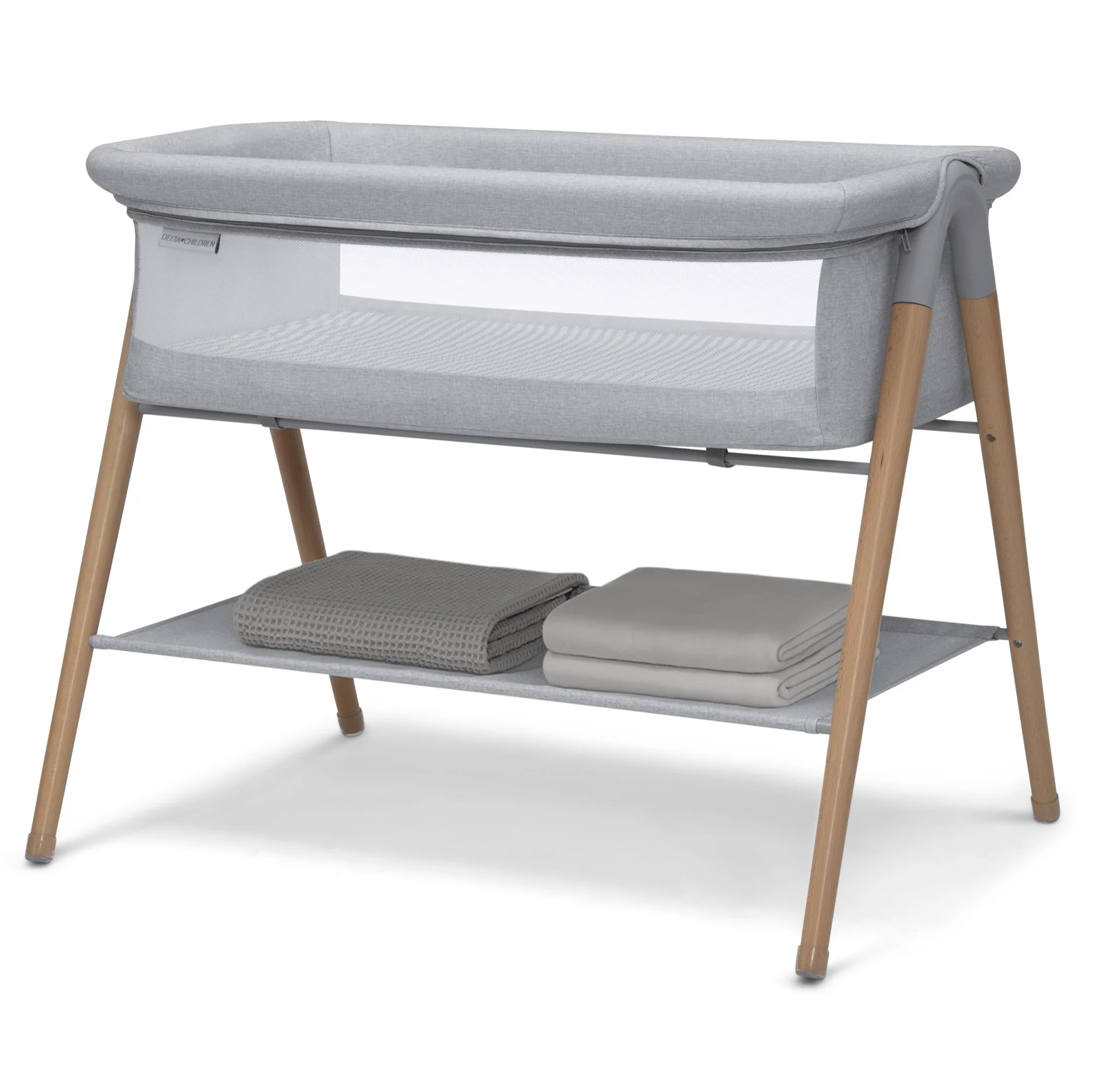 Delta Children Haven Beechwood by the Bed Bassinet with Breathable Mesh and  Natural Beechwood Legs, Grey Stripe