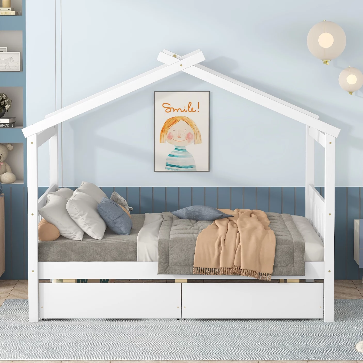 Bellemave Kids House Bed with Drawers Full Size Platform Bed with Storage Playhouse Design Wooden House Bed Frame With Headboard and Footboard for Boys Girls Teens, White