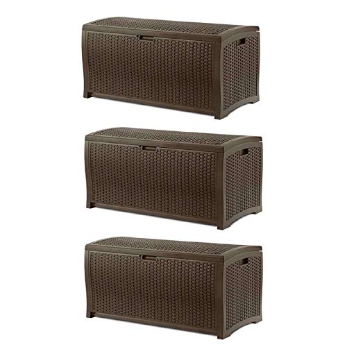 Suncast Outdoor Storage Box - 73 Gallon Mocha Brown Deck Box for Patio, Waterproof Outdoor Storage Bench, Resin Wicker Style, Heavy-Duty, Lockable Lid for Cushions, Shoes, Pool & Garden Gear