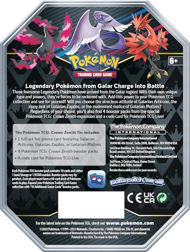 Pokémon TCG: Crown Zenith Tin – Galarian Zapdos (1 Foil Card & 5 Booster Packs)