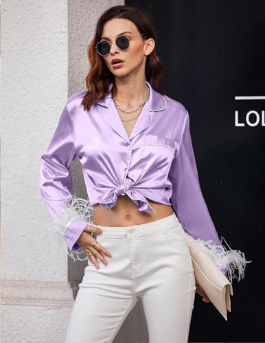 Ekouaer Women's Bridal Feather Trim Silk Satin Pajama Set Long Sleeve Lounge Sets Sleepwear (Removable Feather)