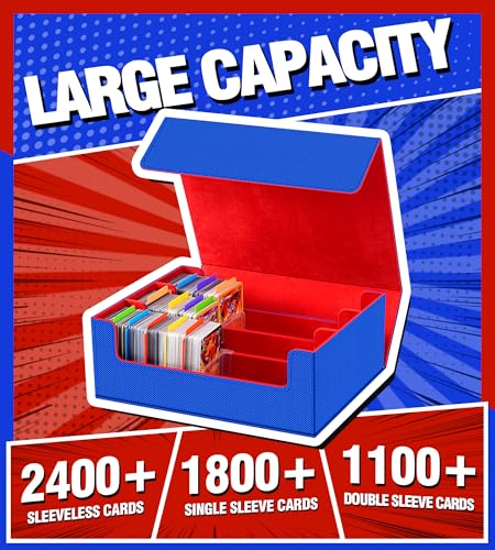 Trading Card Storage Box - 2400+ Card Deck Case for Magic the Gathering PKM YuGiOh Sports Cards, Leather MTG PTCG Commander Deck with 12 PVC Dividers 4 Supporters, Black and Gray