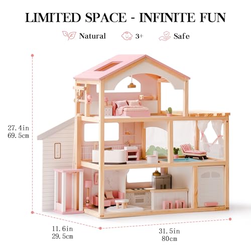 ROBUD Doll House, Wooden Dollhouse with 6 Rooms, 29-pcs Furniture Set, Working Elevator, Garage, Swimming Pool, Ideal Gift for Kids Ages 3+ (Pink)
