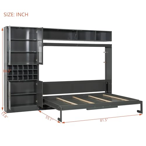 P PURLOVE Queen Murphy Bed with Sofa and Shelves, Wooden Wall Bed with USB and Light, No Box Spring Needed (White)