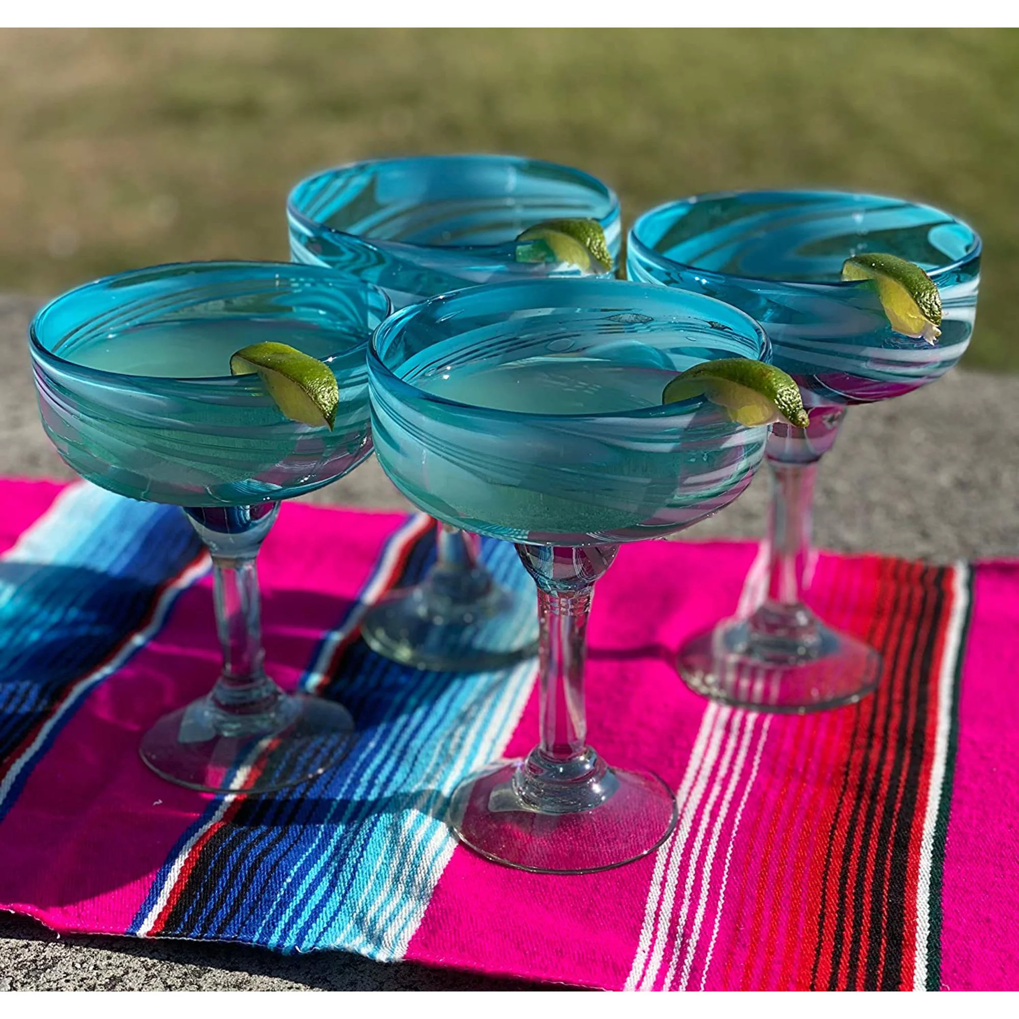 Dos Sueños Dos Suenos Mexican Hand Blown Glass - Set of 4 Hand Blown Margarita Glasses Aqua Swirl (16 oz)