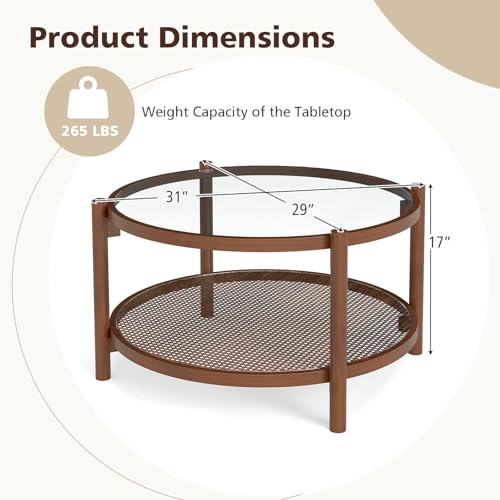GOFLAME Rattan Coffee Table, Boho Glass Center Table with Solid Wood Frame, Tempered Glass Top, PE Rattan Storage Shelf, Rustic, Wood Tea Table 2-Tier for Living Room, Apartment, Brown