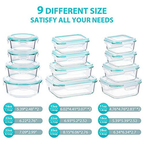 Bayco Glass Food Storage Containers, [24 Piece] Airtight Meal Prep Bento Boxes, BPA Free & Leak Proof (12 lids & 12 Containers) - White