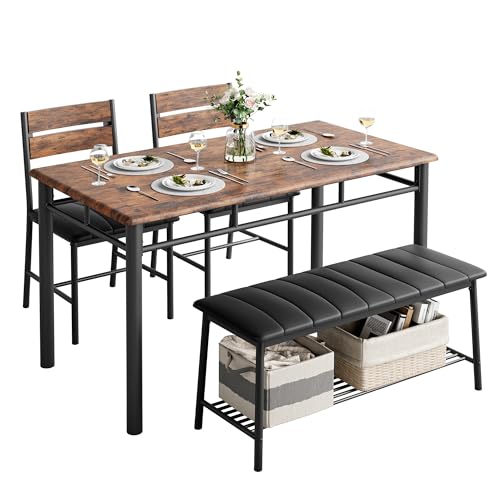 IRONCK Dining Table Set for 4, Kitchen Table with Upholstered Bench and 2 Chairs, Kitchen Table and Chairs Set for Small Space, Apartment, Gray