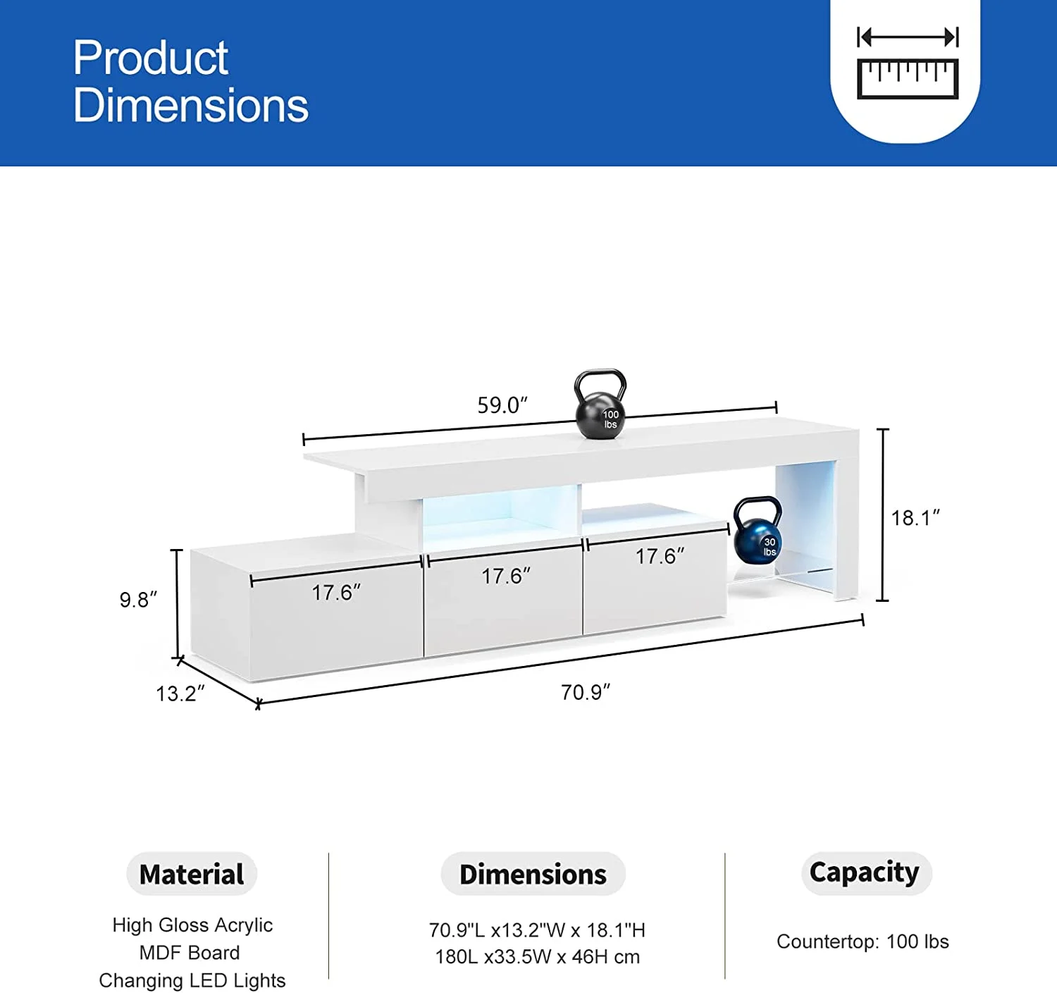 IKIFLY Modern LED TV Stand for 75+ inch TV, High Glossy Entertainment Center w/16 Colors Lights & 3 Cabinets, White TV & Media Console for Living Game Room Bedroom