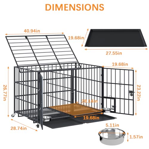 aboxoo 42/48 inch Heavy Duty Metal Dog Crate for 2 Dogs/Large Dog,All Metal Open Top,Dog Kennel Indoor with Wheels,Floor Grid, Tray, Divider and Feeding Bowl (Sliver)