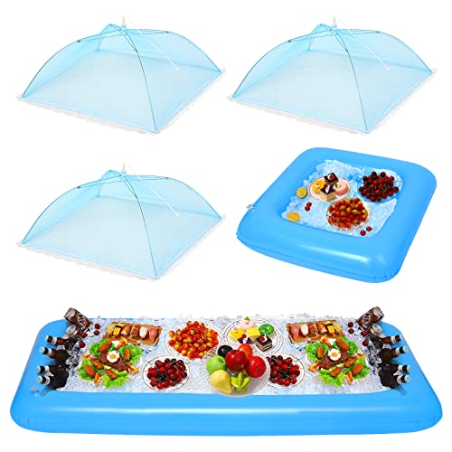 HEMOTON 2Pcs Inflatable Serving Bar, Buffet Cooler with Drain Plug - Salad Picnic Ice Food Server, Food Drink Salad Buffet Tray with 3Pcs Mesh Food Cover, BBQ Pool Party Supplies