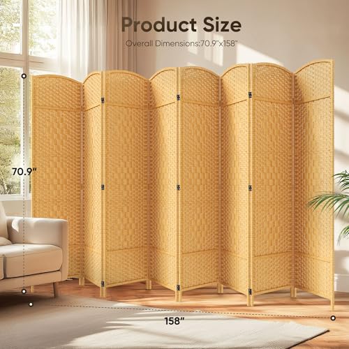 JOSTYLE Folding Privacy Room Divider, 4 Panel Screen Divider 6 ft. Tall Freestanding Extra Wide Rattan Room Partition Wall Separation Dividers, Grey