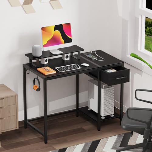 Computer Desk with Drawers, 55 inch Office Desk with Storage and Monitor Stand,Gaming Desk with LED Light and Power Outlet, Work Desk for Home Office,Rustic Brown