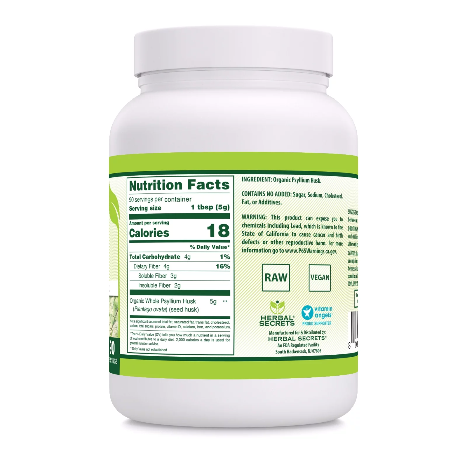 Herbal Secrets USDA Certified Organic Psyllium Husk 16 Oz