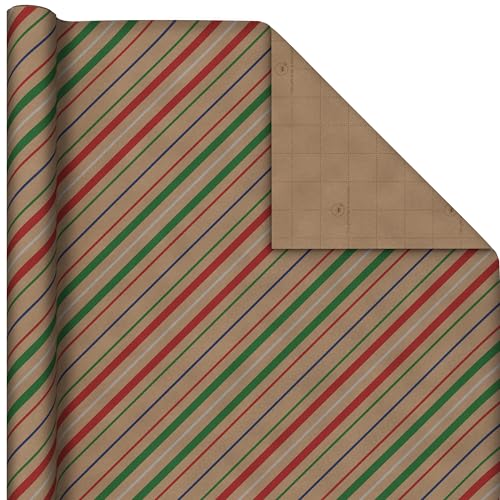 Hallmark Christmas Wrapping Paper Bundle with Cut Lines on Reverse, Kraft (Pack of 4, 88 sq. ft. ttl) Red Trucks, Snowflakes, Stripes, Merry Christmas (5JXW1038)