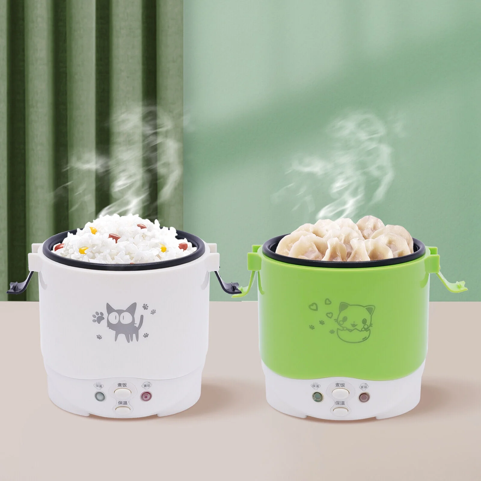1L Car Mini Travel Lunch Box Electric Rice Cooker Steamer White/Green 12V