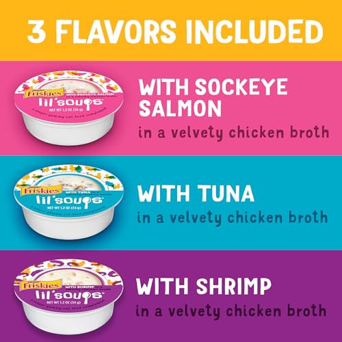 Purina Friskies Grain Free Wet Cat Food Lickable Cat Treats Variety Pack, Lil' Soups With Salmon, Tuna or Shrimp - (Pack of 30) 1.2 oz. Cups