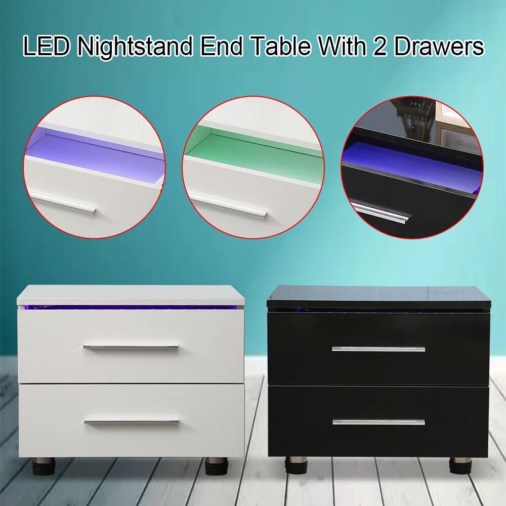 Modern High Gloss Nightstand 2 Drawers Bedside End Table Bedroom w/RGB LED Light