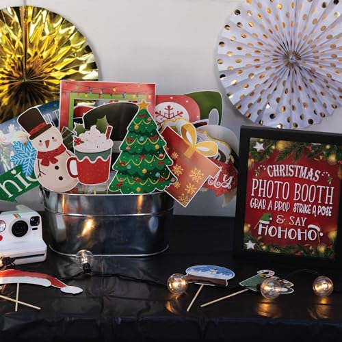 Christmas Photo Booth Props - 41-pc Photobooth Kit with 8 x 10-Inch Sign, 60 Adhesive Pads, 45 Sticks - Christmas Photobooth Props - Holiday Photobooth Prop