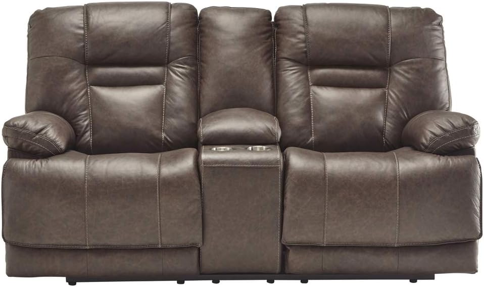 Signature Design by Ashley Wurstrow Leather Adjustable Dual Sided Power Reclining Loveseat with Console & USB Charging, Brown