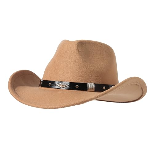 Lanzom Women Men Classic Felt Wide Brim Western Cowboy Cowgirl Hat with Belt Buckle