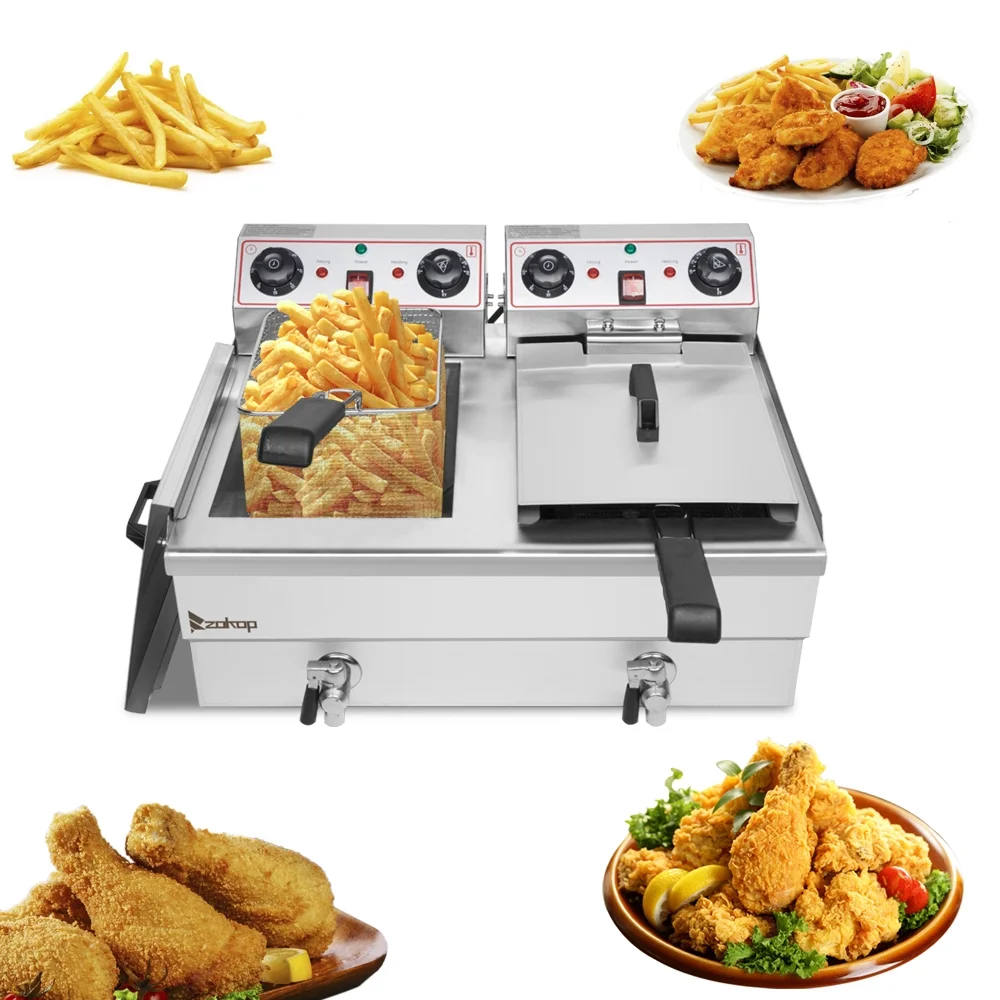 EH102V 16.9QT / 16L Total Capacity 24.9QT/23.6L Stainless Steel Faucet Double Tank Deep Fryer 3400W MAX