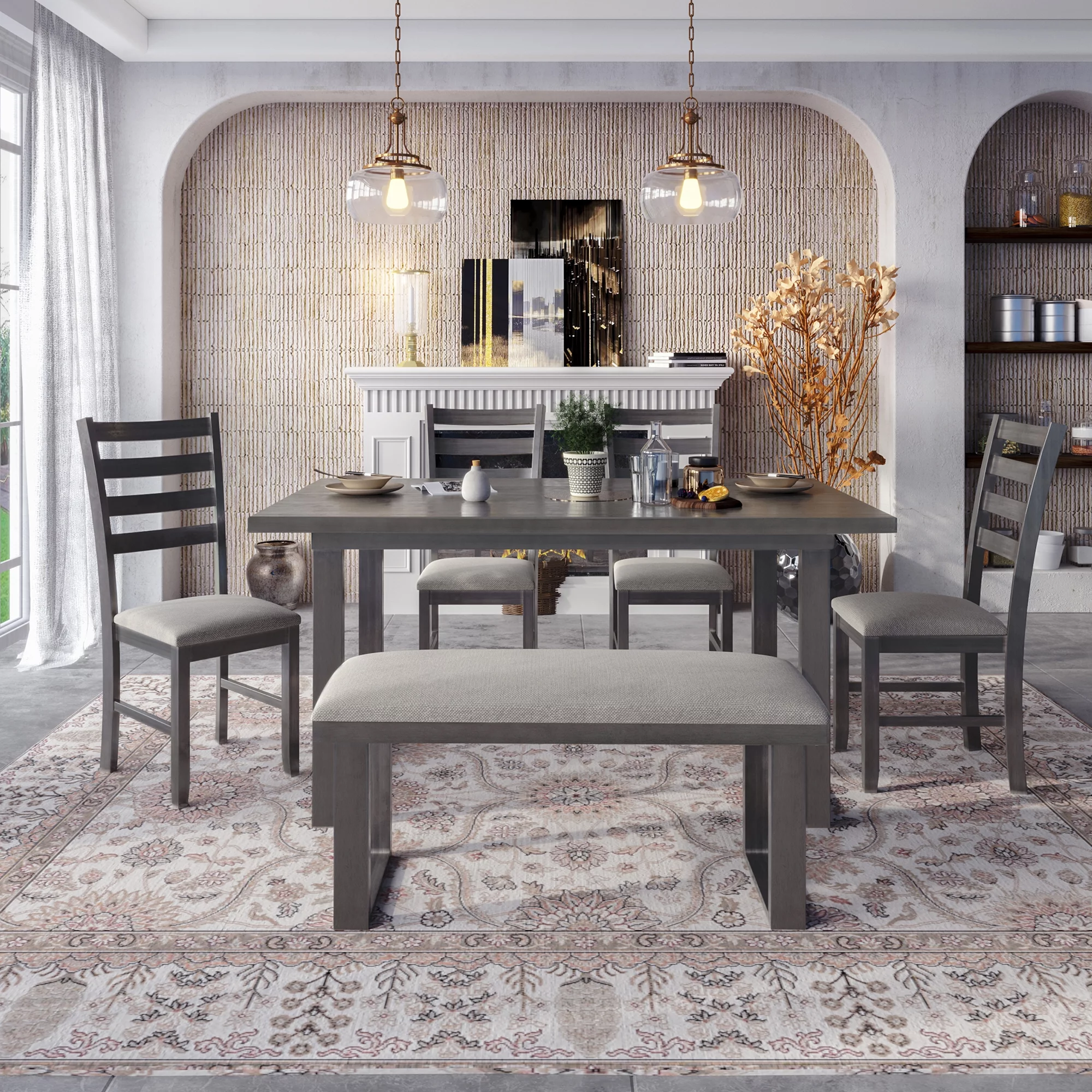 CoSoTower 6-Pieces Family Furniture, Solid Wood Dining Room Set With Rectangular Table & 4 Chairs With Bench, Gray