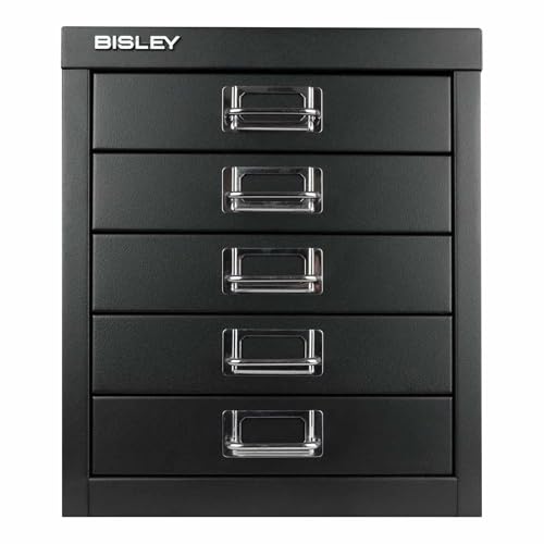 Bisley 10-Drawer Steel MultiDrawer Cabinet - Black, Chrome Pull Handles with Label Holders, Powder-Coated Steel, Removable Drawers, Fits Under Most Desks, Labels Included
